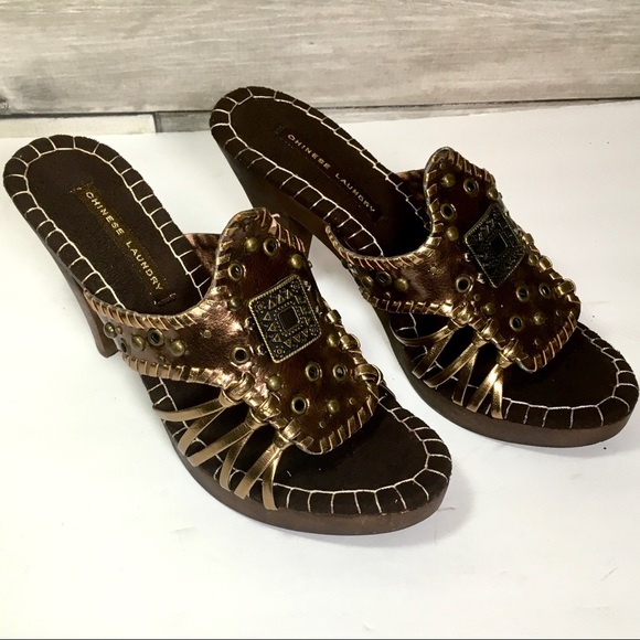 CHINESE LAUNDRY Global bronze wood platform sandals size 8, NIB - Picture 4 of 10